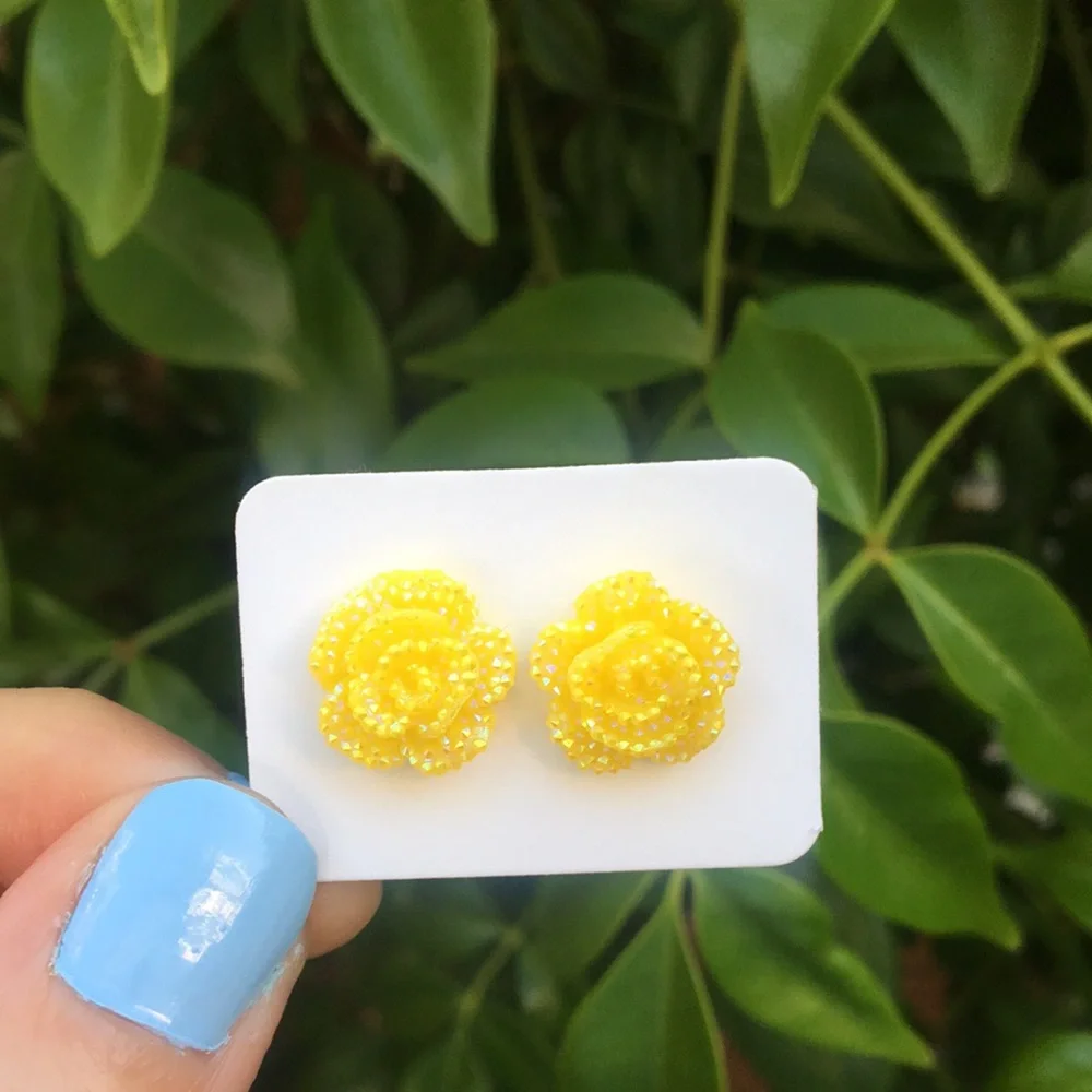 Iridescent Yellow Rose Flower Stud Earrings